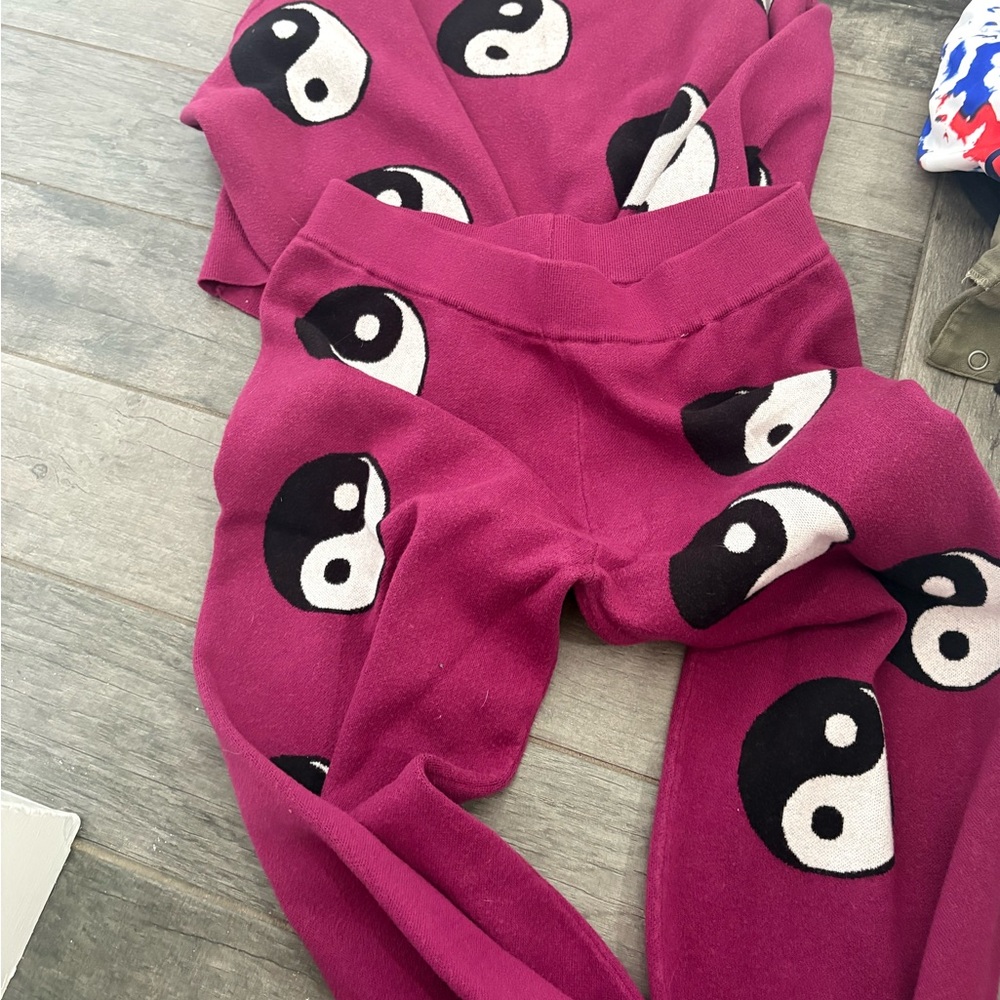Yin Yang La La Knit Sweater & Pants Set - Magenta with Black & White Motif